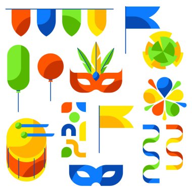 Karnaval parti seti. Geleneksel bayram ya da festival için Mardi Gras illüstrasyonu. Kutlama simgeleri, nesneler ve dekorları.