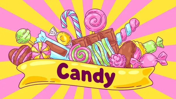 Şekerler ve şekerlemelerle dolu bir arka plan. Şekerleme ya da şekerci dükkanı için tasarım. Renkli şirin illüstrasyon.