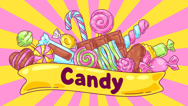 Background with candies and sweets. Design for confectionery or candy shop. Colorful cute illustration.
