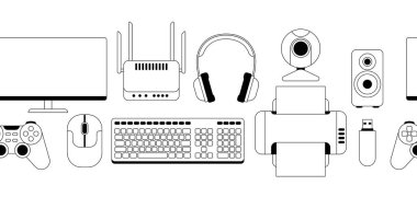 Bilgisayar teçhizatı ile desen. Oyun teknolojisi ve iş aletleri. Sanayi ve iş dünyası için görüntü.