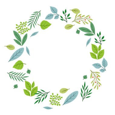 Yeşil yapraklı filiz çerçevesi. Dekoratif doğal bitkiler. Çiçek illüstrasyonu.