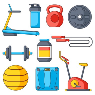 Spor aletleri seti. Vücut geliştirme ürünleri çizimleri. Sağlıklı yaşam biçimi nesneleri.