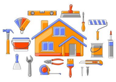 Onarım aletleriyle donatılmış bir arka plan. İnşaat endüstrisi ve iş için ekipman. Tasarım için resim.
