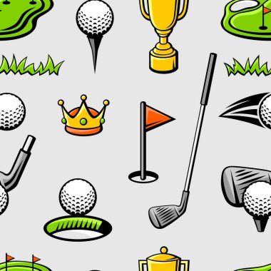 Golf eşyalarıyla desen. Spor kulübü illüstrasyonu. Çizgi film tarzında sağlıklı bir arkaplan.