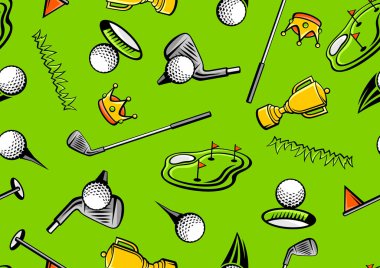 Golf eşyalarıyla desen. Spor kulübü illüstrasyonu. Çizgi film tarzında sağlıklı bir arkaplan.