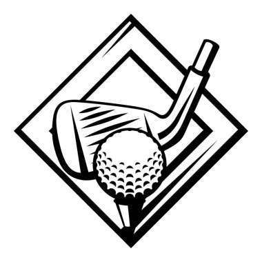 Golf sembolleriyle amblem. Spor kulübü etiketi ya da amblemi. Çizgi film tarzında sağlıklı bir yaşam tarzı çizimi.