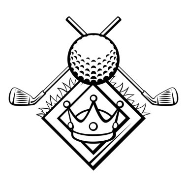 Golf sembolleriyle amblem. Spor kulübü etiketi ya da amblemi. Çizgi film tarzında sağlıklı bir yaşam tarzı çizimi.