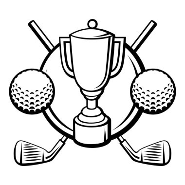 Golf sembolleriyle amblem. Spor kulübü etiketi ya da amblemi. Çizgi film tarzında sağlıklı bir yaşam tarzı çizimi.