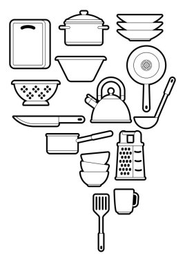 Mutfak gereçleriyle dolu bir arka plan. Ev ve restoran için yemek aletleri.