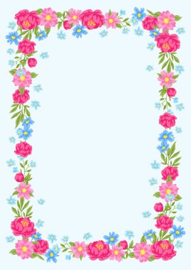 Güzel çiçeklerle çerçevelenmiş. Güzel dekoratif doğal bitki, tomurcuk ve yapraklar..