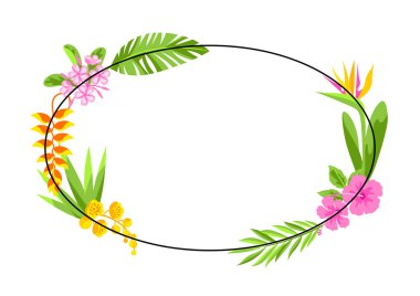 Tropikal çiçeklerle çerçevelenmiş. Dekoratif egzotik yapraklar, palmiyeler ve bitkiler.