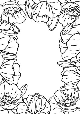 Haşhaş çiçekleriyle çerçevelenmiş. Güzel dekoratif bitkiler. Doğal illüstrasyon.