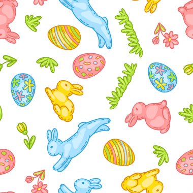 Mutlu Paskalya şirin nesneleri. Geleneksel kutlama için tavşanlar, yumurtalar ve çiçekler.