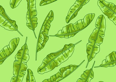 Muz palmiyesi yapraklı desen. Tropikal yeşillik ve bitkilerin dekoratif görüntüsü. Doğrusal doku.