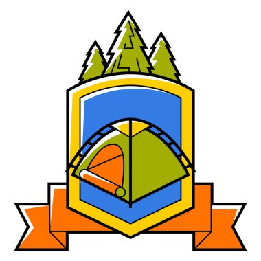 Kamp rozeti. Açık havada hayatta kalmak için turist ekipmanları. Rahat konaklama.