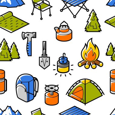 Seyahat kampı modeli. Açık havada hayatta kalmak için turist ekipmanları. Rahat konaklama.