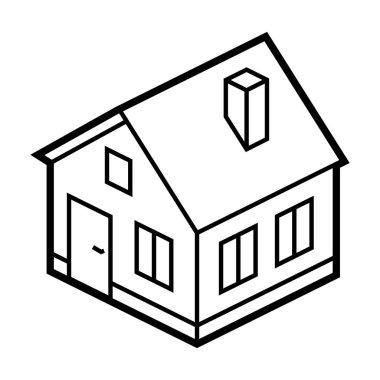 İzometri tarzında kulübe simgesi. Web sitesi, uygulama, logo, UI tasarımı için emlak imajı. Çizgi çizimi.