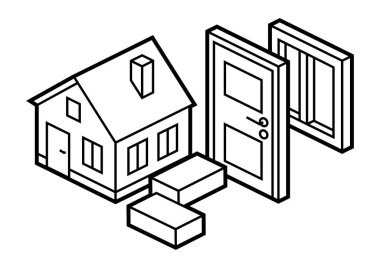 Kır evi ve onarım. İzometri tarzında gayrimenkul çizimi. Web sitesi, logo, UI tasarımı için.