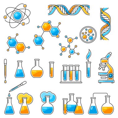 Bir takım bilimsel eşyalar. Tıbbi konsept görüntüsü. Çizgi çizimi.