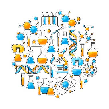 Bilimsel malzemelerle donatılmış. Tıbbi konsept görüntüsü. Çizgi çizimi.