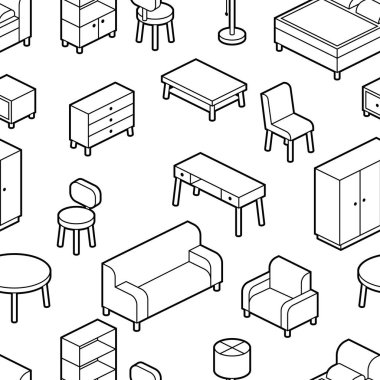 Ev mobilyalarının izometri kalıbı. Ev eşyaları, ofis eşyaları ve ekipmanları. Mağaza satışları ve indirimler için arka plan.