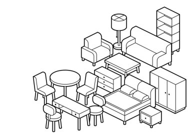 Ev mobilyaları arka plan izometri. Ev eşyaları, ofis eşyaları ve ekipmanları. Mağaza satışları ve indirimler için resim.