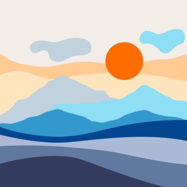 Dağları ve tepeleri olan bir manzara. Doğal sahne illüstrasyonu. Soyut biçim.