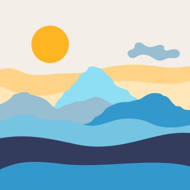 Dağları ve tepeleri olan bir manzara. Doğal sahne illüstrasyonu. Soyut biçim.