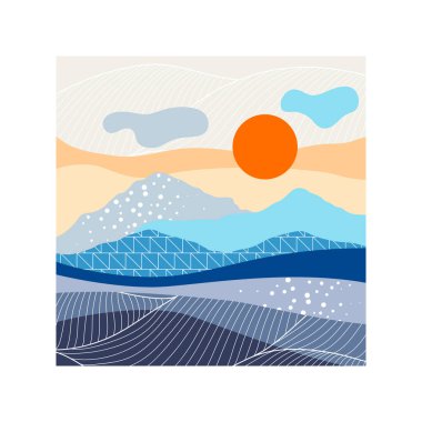 Dağları ve tepeleri olan bir manzara. Doğal sahne illüstrasyonu. Soyut biçim.