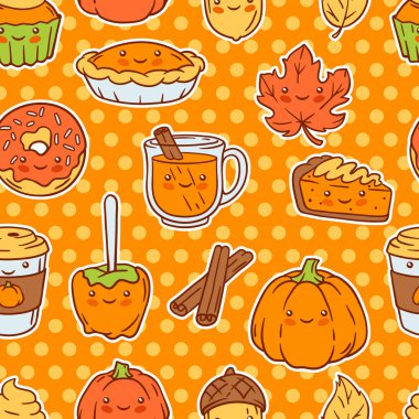 Sonbahar kawaii deseni. Mutlu Şükran Günleri ve geleneksel Cadılar Bayramı sembolleri. Tatil nesneleri ve simgeleri.