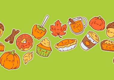 Sonbahar kawaii deseni. Mutlu Şükran Günleri ve geleneksel Cadılar Bayramı sembolleri. Tatil nesneleri ve simgeleri.