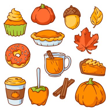 Sonbahar ürünleri ve yiyecek. Şükran Günü ve geleneksel Cadılar Bayramı sembolleri kutlu olsun. Tatil nesneleri ve simgeleri.