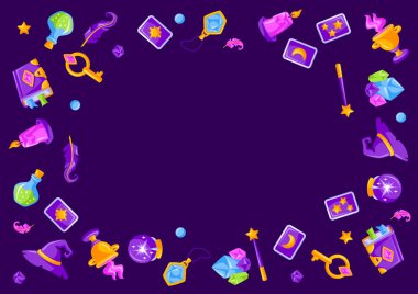 Sihirli eşyalarla çerçevele. Büyücülük simya gizemli unsurları. Simya büyücülüğü görüntüsü.