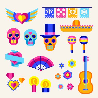 Ölüler Günü sembolleri dizildi. Dia de los muertos. Meksika kutlaması. Geleneksel tatil ögeleri.