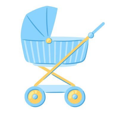 Bebek arabası tasviri. Yeni doğan erkek bebeğin doğum günü nesnesi. Kutlama sembolü ve ögesi.