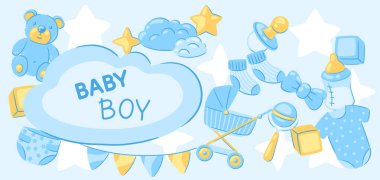 Bebek partisi tebrik kartı. Yeni doğan erkek bebeğin doğum günü kutlu olsun. Kutlama simgeleri ve ögeleri.