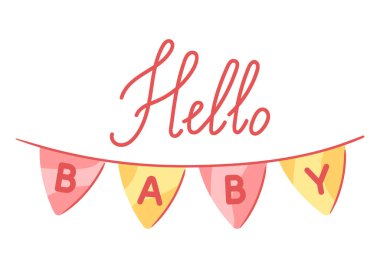 Bebek partisi tebrik kartı. Yeni doğan erkek bebeğin doğum günü kutlu olsun. Kutlama simgeleri ve ögeleri.