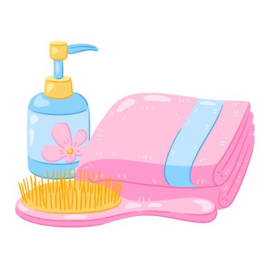 Hijyen objeleri ile illüstrasyon. Yıkama, güzellik, vücut bakımı. Kişisel hijyen ve kişisel bakım malzemeleri. Biçimlendirilmiş resim.