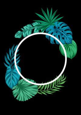 Şekillendirilmiş palmiye yapraklarıyla çerçevelenmiş. Tropikal yeşillik ve bitkilerin dekoratif görüntüsü. Egzotik doğa.