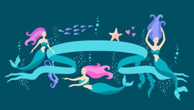 Denizkızlarıyla geçmiş. Su altı harikalarının ya da muhteşem yaratıkların görüntüsü. Biçimlendirilmiş illüstrasyon.