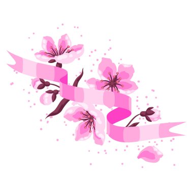 Bahar çiçekli kurdele. Elma, sakura veya kiraz çiçeği. Güzel dekoratif bitkiler. Doğal illüstrasyon.