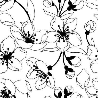 Bahar çiçekleriyle desen. Elma, sakura veya kiraz çiçeği. Güzel dekoratif bitkiler. Doğal illüstrasyon.