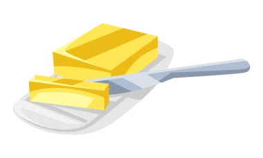 Bıçaklı tereyağı resmi. Yemek tarifi ve menü ögesi için biçimlendirilmiş mutfak nesnesi.