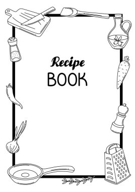 Mutfak gereçleriyle dolu bir arka plan. Ev ve yemek tarifleri için yemek aletleri. Biçimlendirilmiş illüstrasyon.