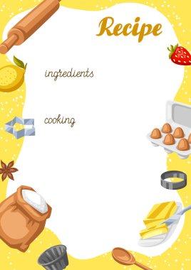 Fırın aletleriyle donatılmış bir arka plan. Ev ve yemek tarifleri için yemek aletleri. Biçimlendirilmiş illüstrasyon.