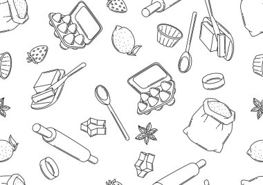 Fırın malzemeleriyle desen. Ev ve yemek tarifleri için yemek aletleri. Biçimlendirilmiş illüstrasyon.