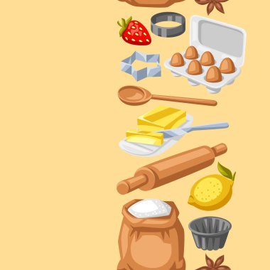 Fırın malzemeleriyle desen. Ev ve yemek tarifleri için yemek aletleri. Biçimlendirilmiş illüstrasyon.