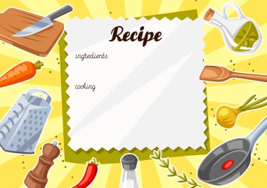 Mutfak gereçleriyle dolu bir arka plan. Ev ve yemek tarifleri için yemek aletleri. Biçimlendirilmiş illüstrasyon.