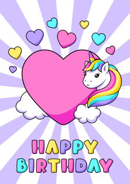 Tekboynuzlu kart. Doğum günü davetin kutlu olsun. Peri masalı çocuk çizimi.