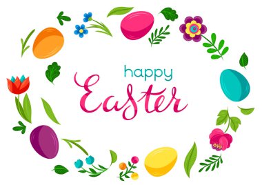 Mutlu Paskalya tebrik kartları. Geleneksel kutlama için tatlı yumurta ve çiçekler..